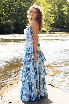 Blue Floral Spaghetti Straps Ruffled Maxi Prom Dress