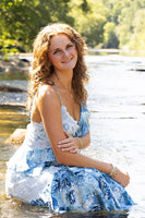 Load image into Gallery viewer, Blue Floral Spaghetti Straps Ruffled Maxi Prom Dress