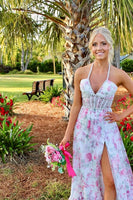 Load image into Gallery viewer, Pink Floral Halter Ruffled Long Corset Prom Dress with Slit