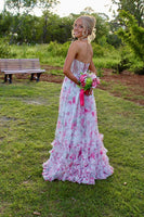 Load image into Gallery viewer, Pink Floral Halter Ruffled Long Corset Prom Dress with Slit