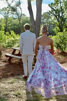 Load image into Gallery viewer, Pink Floral Halter Ruffled Long Corset Prom Dress with Slit