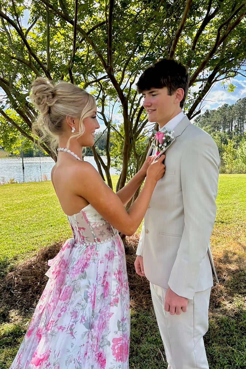 Load image into Gallery viewer, Pink Floral Halter Ruffled Long Corset Prom Dress with Slit