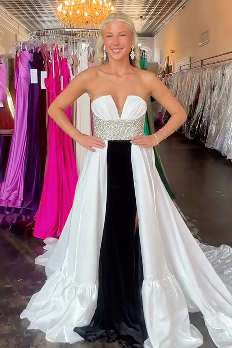 Queendancer Women Sparkly Black and White Long A Line Prom Dress with Slit  Strapless Evening Dress with Beading  queendanceruk