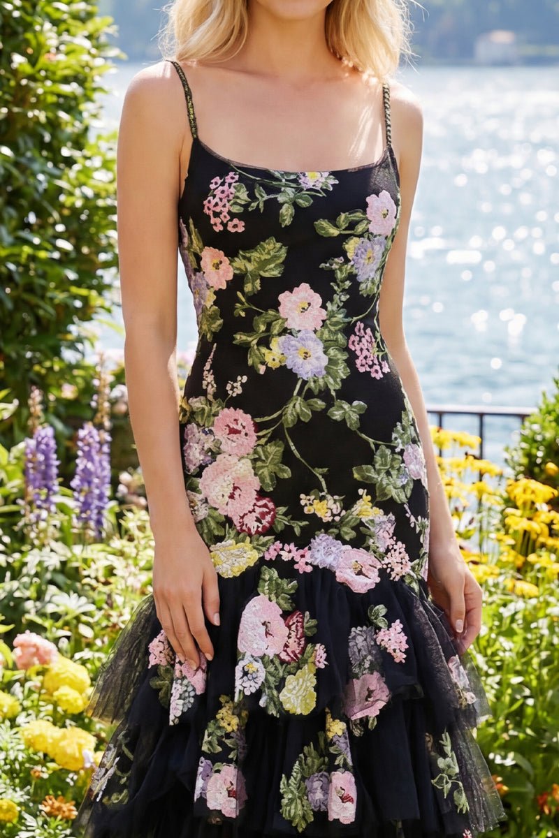 Queendancer Women Black Pink Flower Mermaid Long Prom Dress Tiered