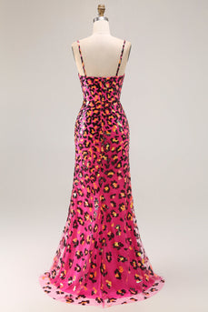 Sparkly Fuchsia Mermaid Leopard Long Prom Dress with Slit