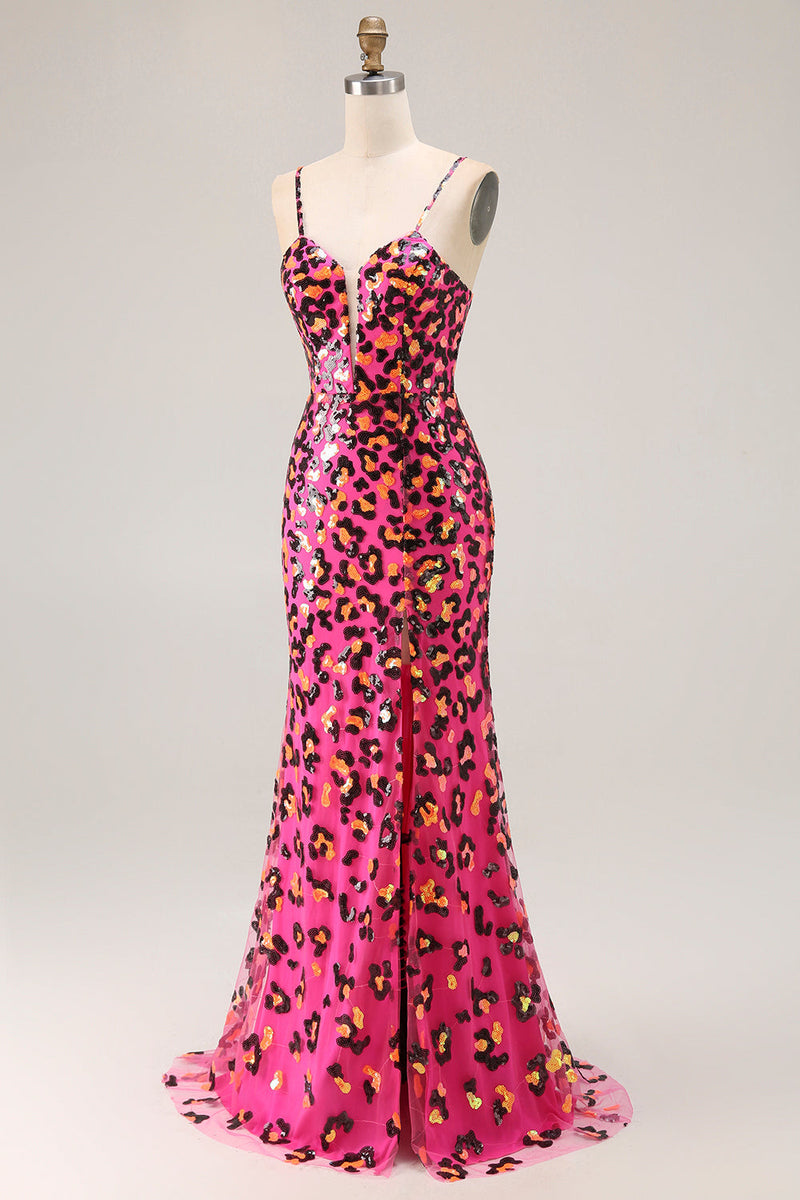 Load image into Gallery viewer, Sparkly Fuchsia Mermaid Leopard Long Prom Dress with Slit