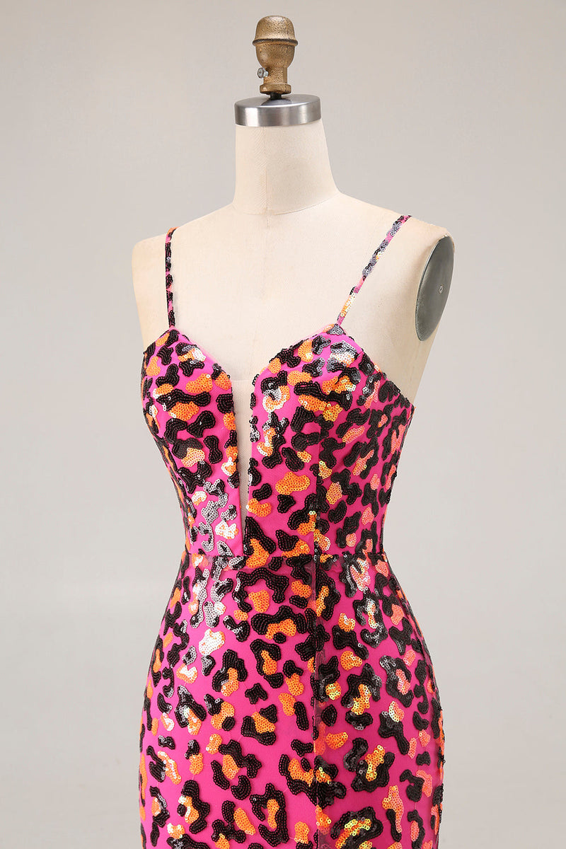 Load image into Gallery viewer, Sparkly Fuchsia Mermaid Leopard Long Prom Dress with Slit