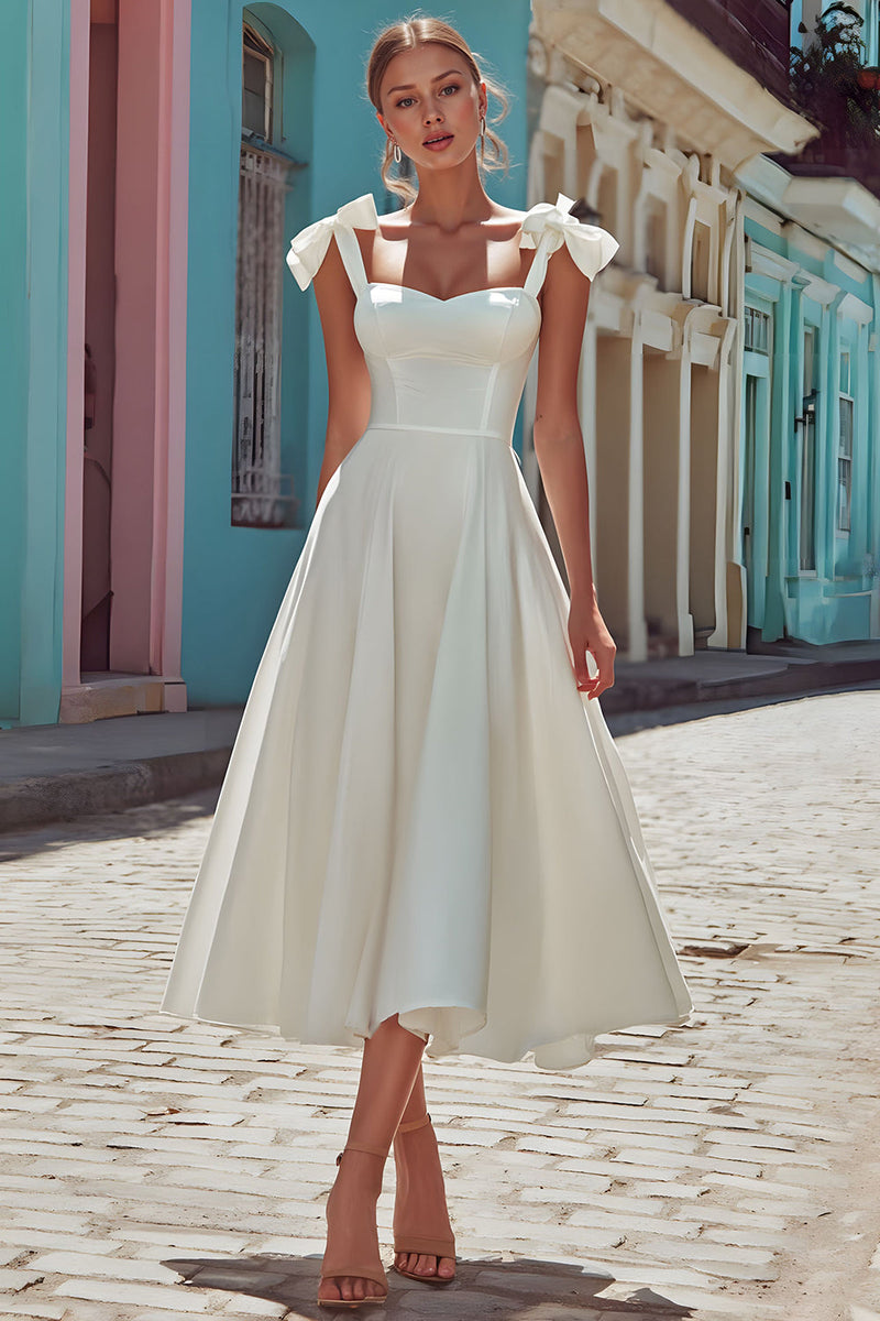 Queendancer Women White Midi Engagement Dress Satin Thick Straps Ruched