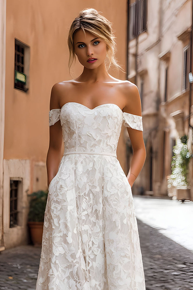Queendancer Women White Midi Engagement Dress Off the Shoulder A Line