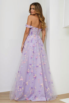Lilac Embroidered A Line Floral Long Corset Prom Dress with Slit