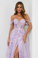 Load image into Gallery viewer, Lilac Embroidered A Line Floral Long Corset Prom Dress with Slit