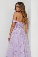 Load image into Gallery viewer, Lilac Embroidered A Line Floral Long Corset Prom Dress with Slit