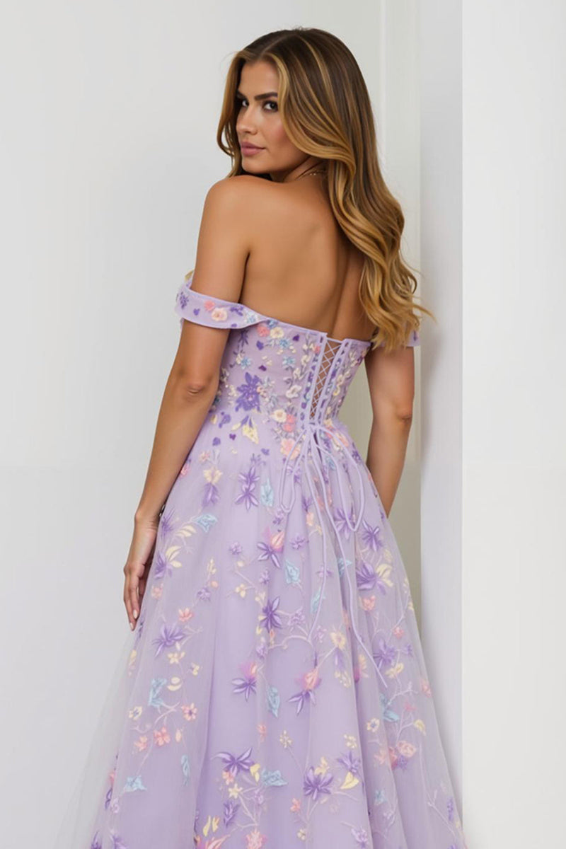 Load image into Gallery viewer, Lilac Embroidered A Line Floral Long Corset Prom Dress with Slit