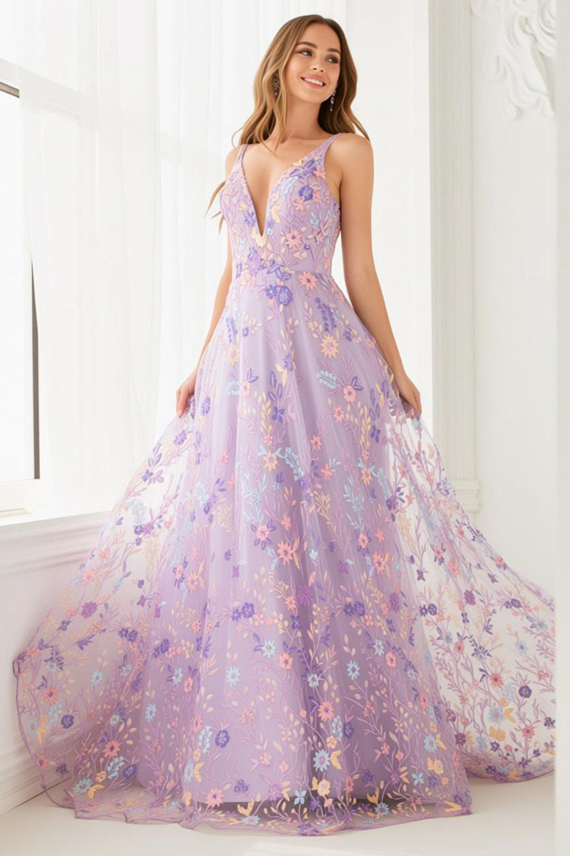 Load image into Gallery viewer, Lilac A Line Embroidered Floral V-Neck Long Prom Dress