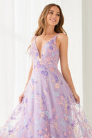 Load image into Gallery viewer, Lilac A Line Embroidered Floral V-Neck Long Prom Dress