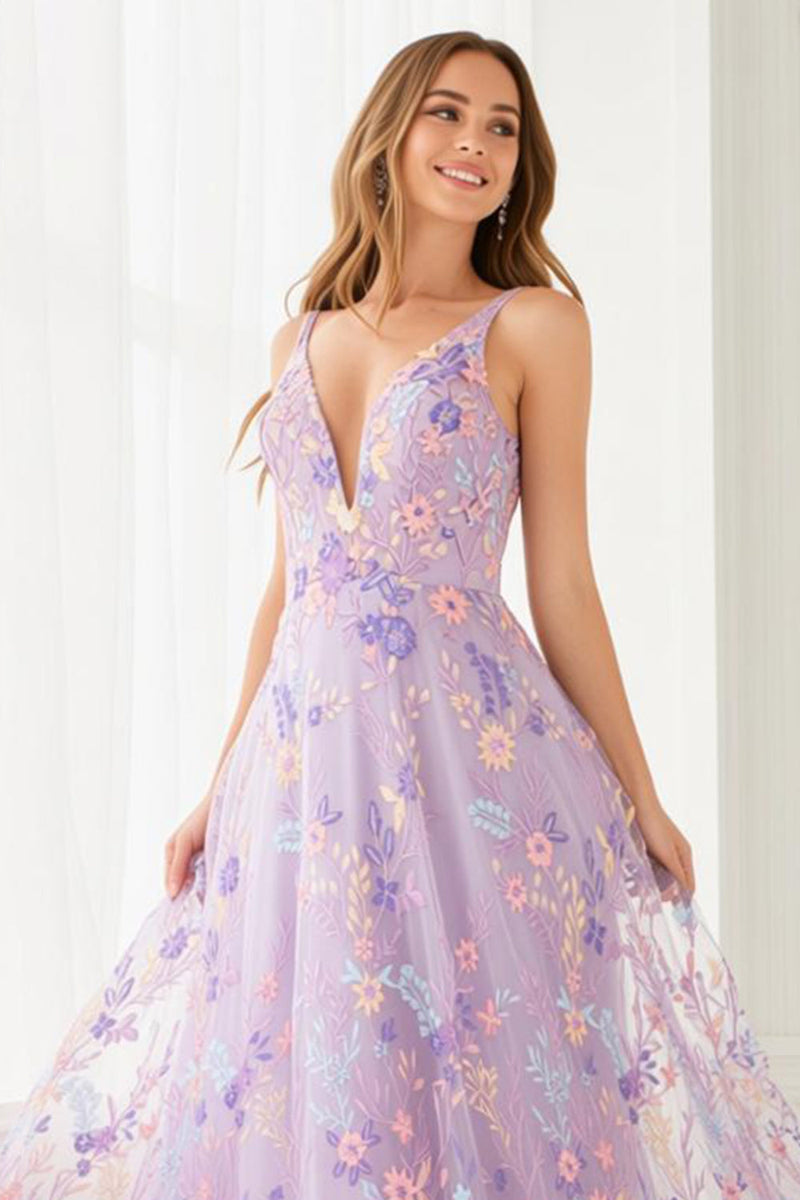 Load image into Gallery viewer, Lilac A Line Embroidered Floral V-Neck Long Prom Dress