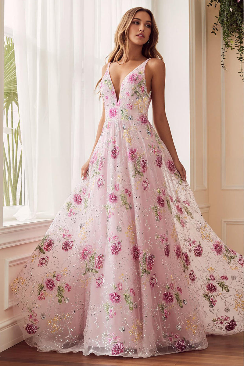 Load image into Gallery viewer, Sparkly Pink Floral A Line Embroidered V-Neck Long Prom Dress