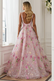 Sparkly Pink Floral A Line Embroidered V-Neck Long Prom Dress