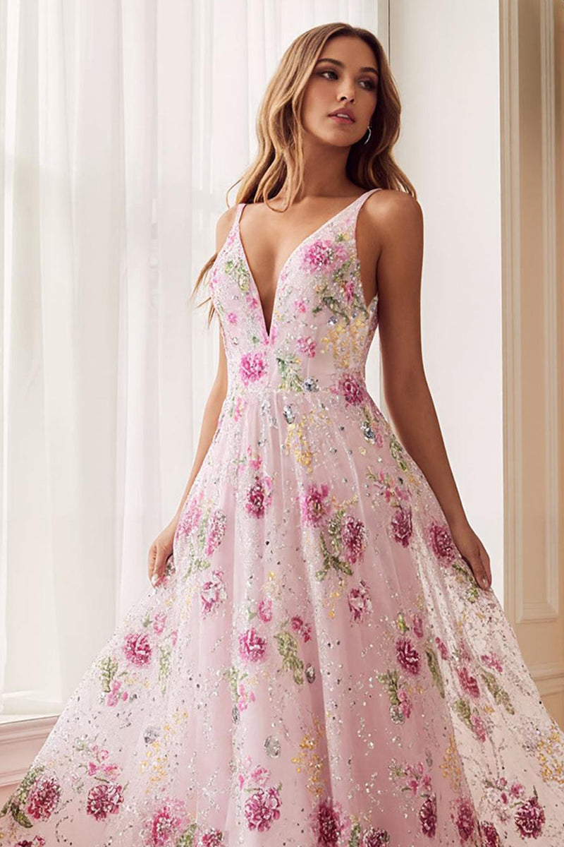 Load image into Gallery viewer, Sparkly Pink Floral A Line Embroidered V-Neck Long Prom Dress