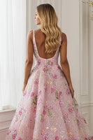 Load image into Gallery viewer, Sparkly Pink Floral A Line Embroidered V-Neck Long Prom Dress