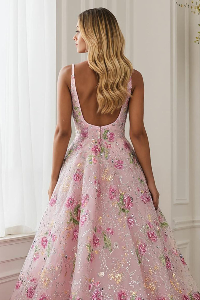 Load image into Gallery viewer, Sparkly Pink Floral A Line Embroidered V-Neck Long Prom Dress