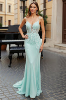Load image into Gallery viewer, Mint Green Mermaid Long Corset Prom Dress with Appliques