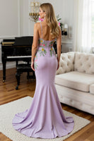 Load image into Gallery viewer, Lilac Floral Spaghetti Straps Mermaid Long Prom Dress
