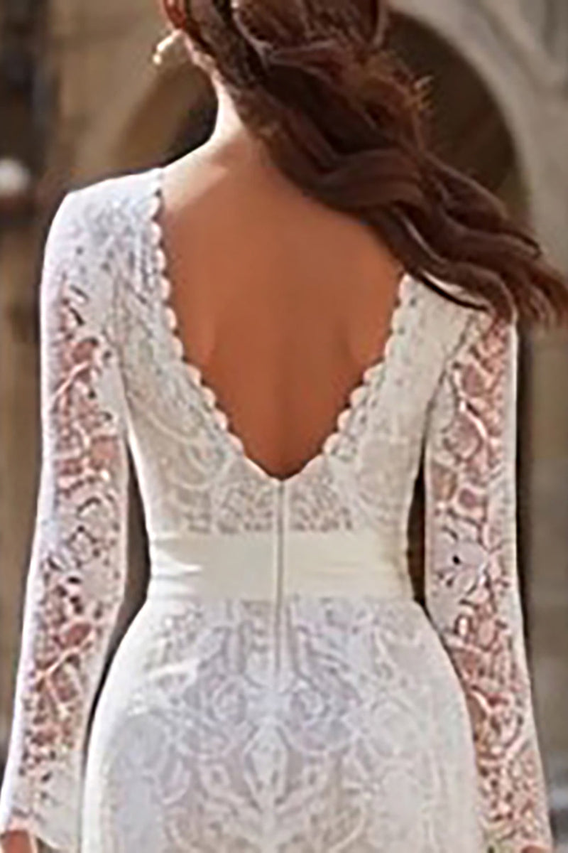Load image into Gallery viewer, Ivory Lace Bodycon Midi Wedding Dress with Sleeves