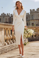 Load image into Gallery viewer, Ivory V-Neck Ruched Bodycon Midi Engagement Dress with Slit