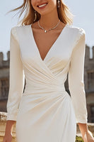 Load image into Gallery viewer, Ivory V-Neck Ruched Bodycon Midi Engagement Dress with Slit