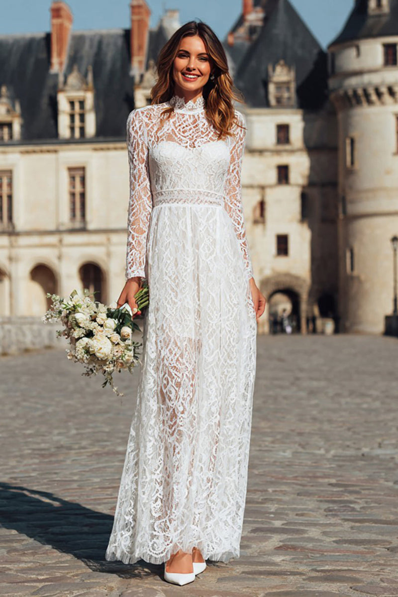 Load image into Gallery viewer, Ivory High Neck Sheath Long Boho Wedding Dress with Sleeves