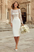 Load image into Gallery viewer, Ivory Bodycon Bateau Neck Midi Wedding Dress with Sleeves