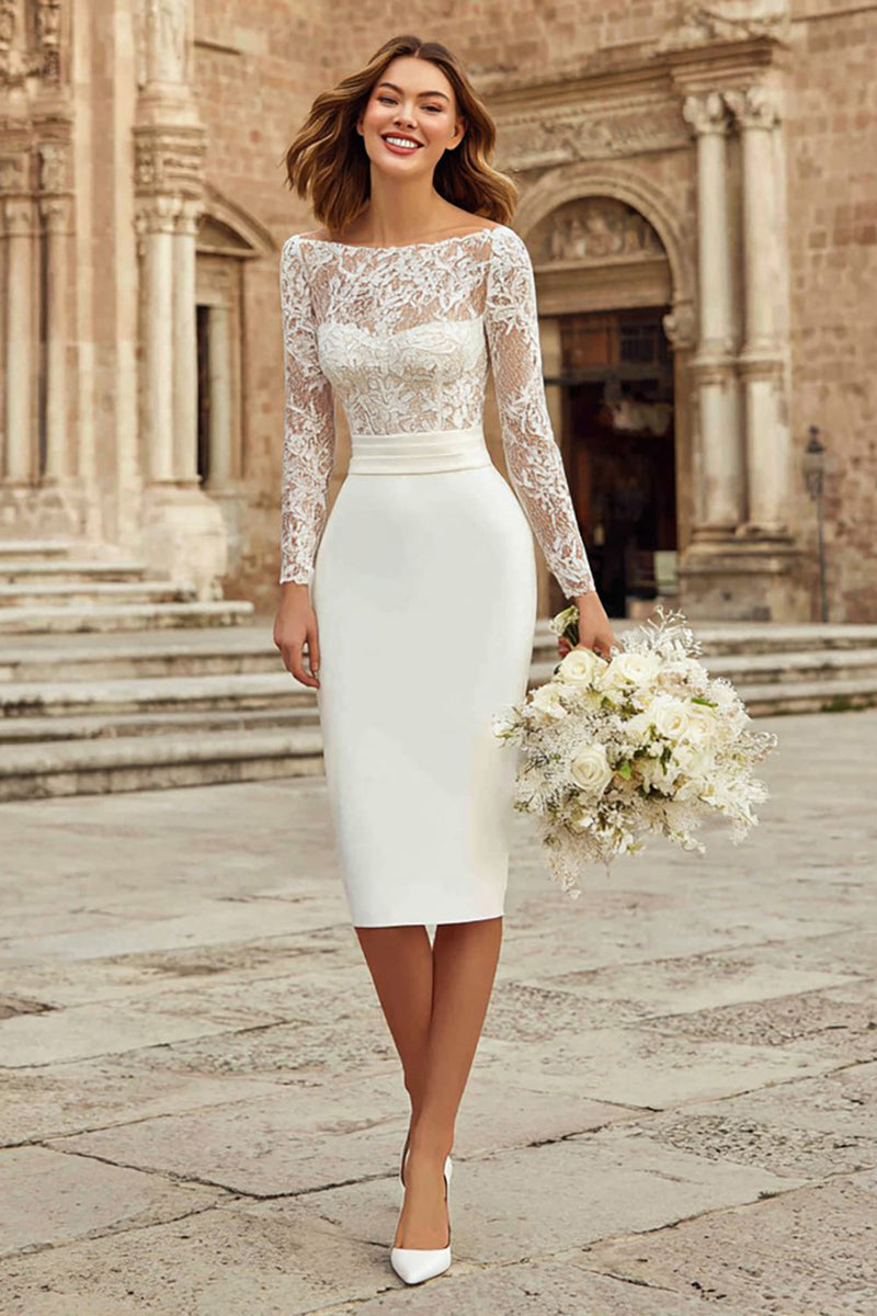 Queendancer Women Ivory Midi Wedding Dress Bodycon Lace Bateau Neck Engagement Dress with Sleeves queendanceruk Queendancer Women Ivory Midi Wedding Dress Bodycon Lace Bateau Neck Engagement Dress with Sleeves queendanceruk