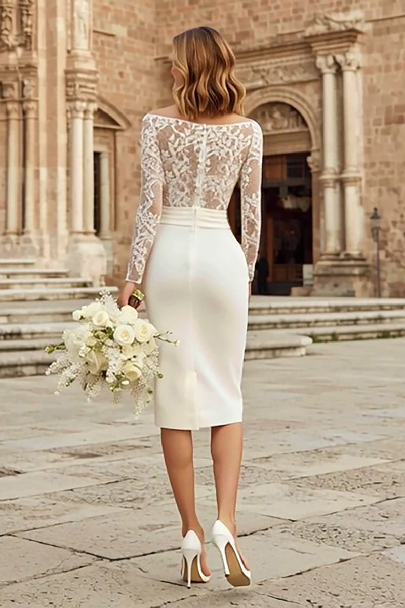 Load image into Gallery viewer, Ivory Bodycon Bateau Neck Midi Wedding Dress with Sleeves