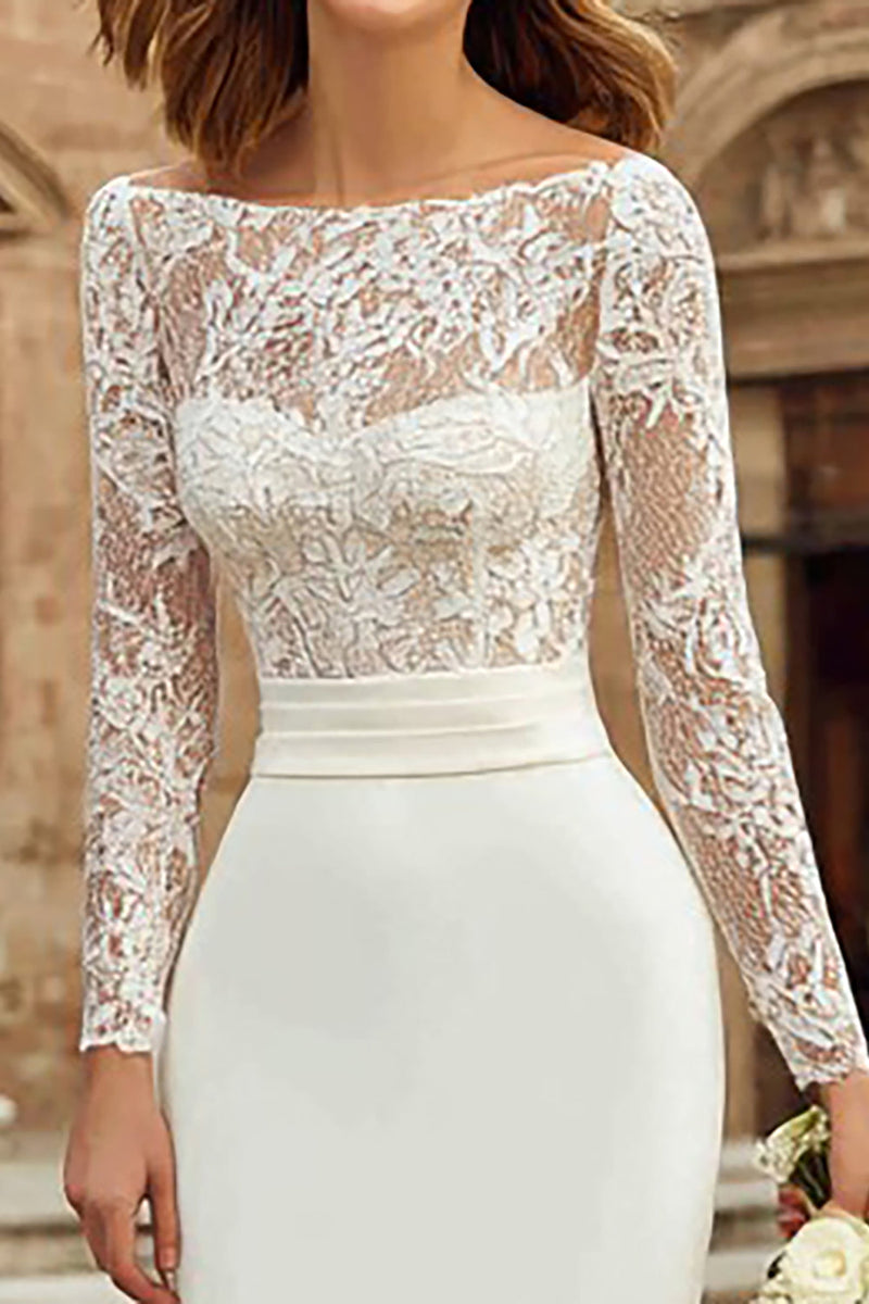 Queendancer Women Ivory Midi Wedding Dress Bodycon Lace Bateau Neck  Engagement Dress with Sleeves  queendanceruk