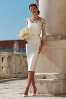 Load image into Gallery viewer, Ivory Appliqued Bodycon Midi Wedding Dress with Sleeves