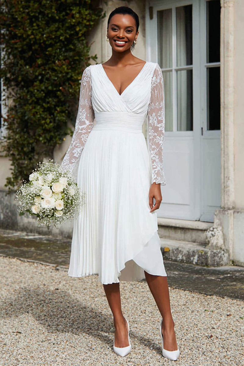 Load image into Gallery viewer, Ivory V-Neck Pleated Midi Engagement Dress with Lace