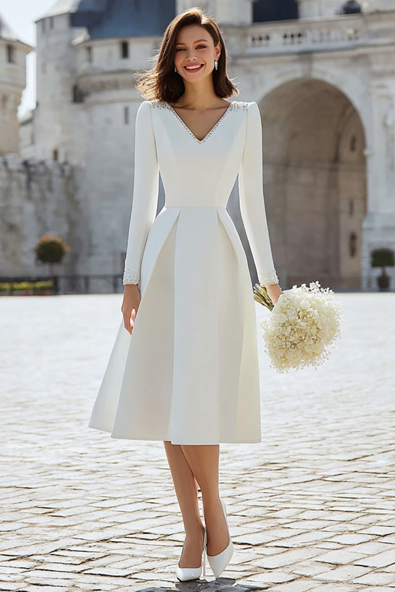 Load image into Gallery viewer, Sparkly Ivory V-Neck A Line Midi Engagement Dress with Sleeves