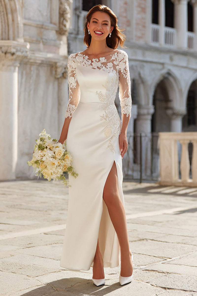 Load image into Gallery viewer, Ivory Appliqued Sheath Long Wedding Dress with Slit