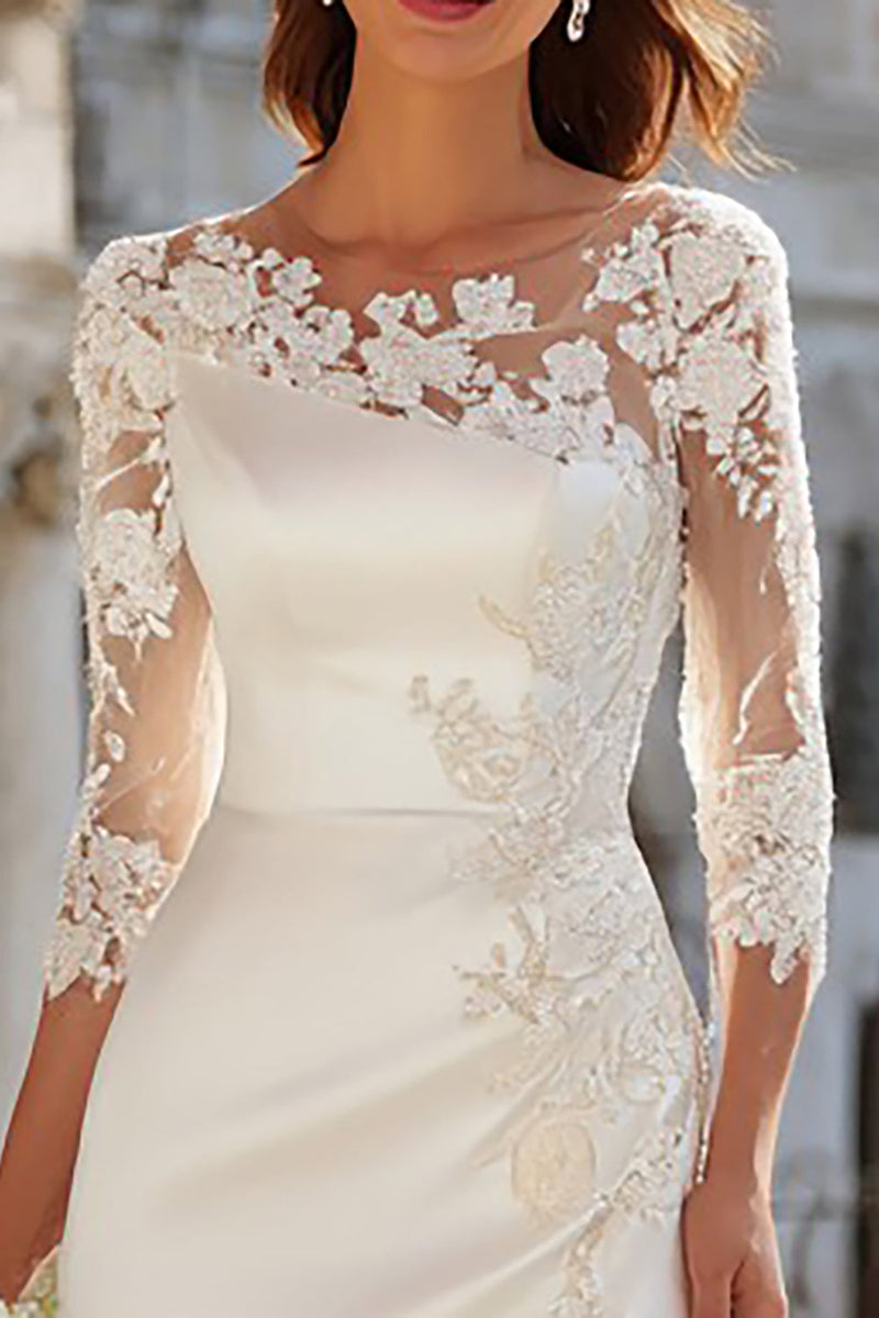 Load image into Gallery viewer, Ivory Appliqued Sheath Long Wedding Dress with Slit