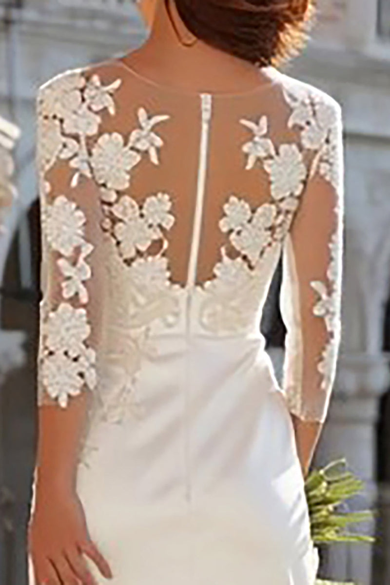 Load image into Gallery viewer, Ivory Appliqued Sheath Long Wedding Dress with Slit