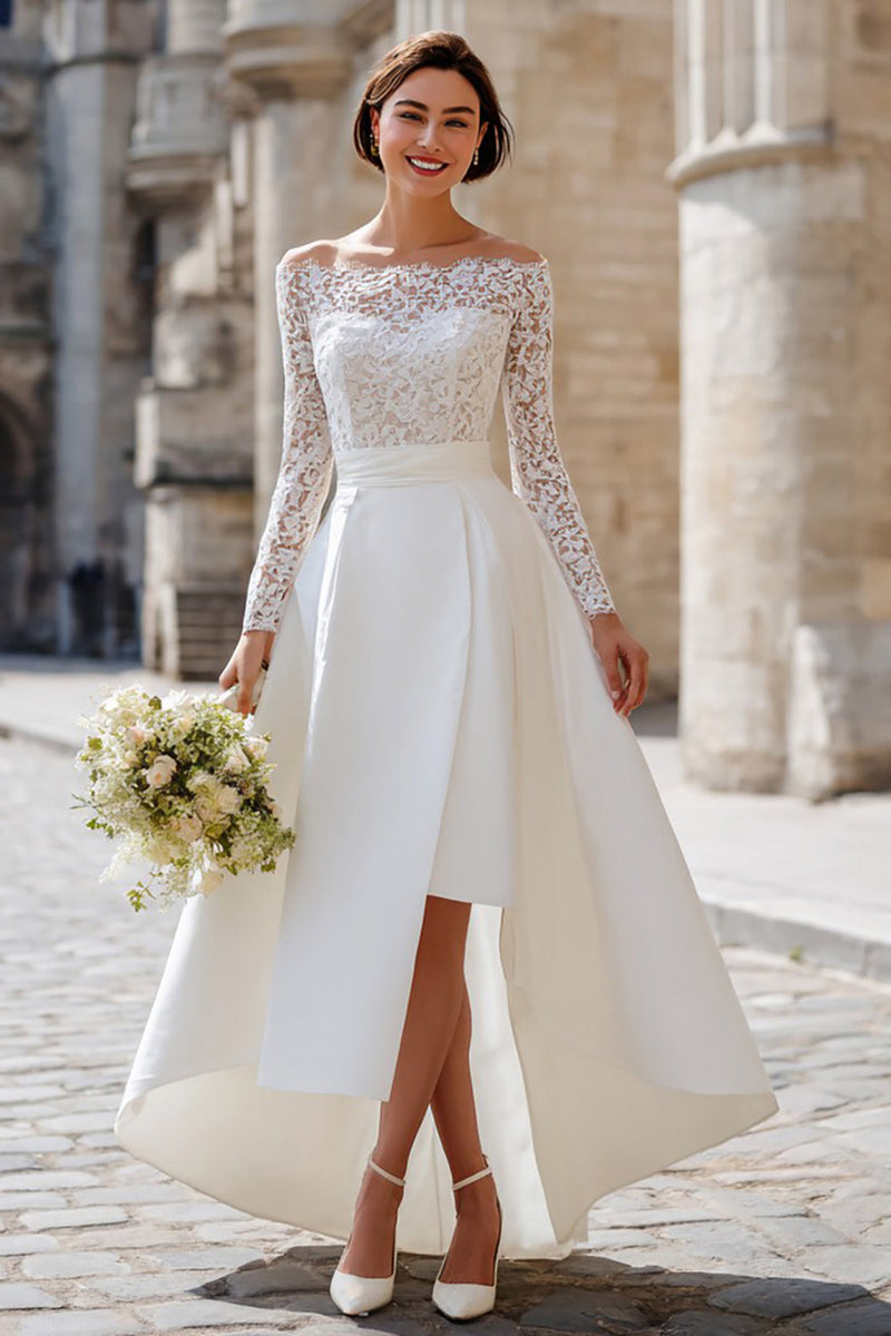 Load image into Gallery viewer, Ivory High Low Off the Shoulder Boho Wedding Dress with Lace