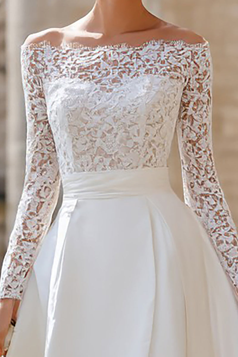 Load image into Gallery viewer, Ivory High Low Off the Shoulder Boho Wedding Dress with Lace