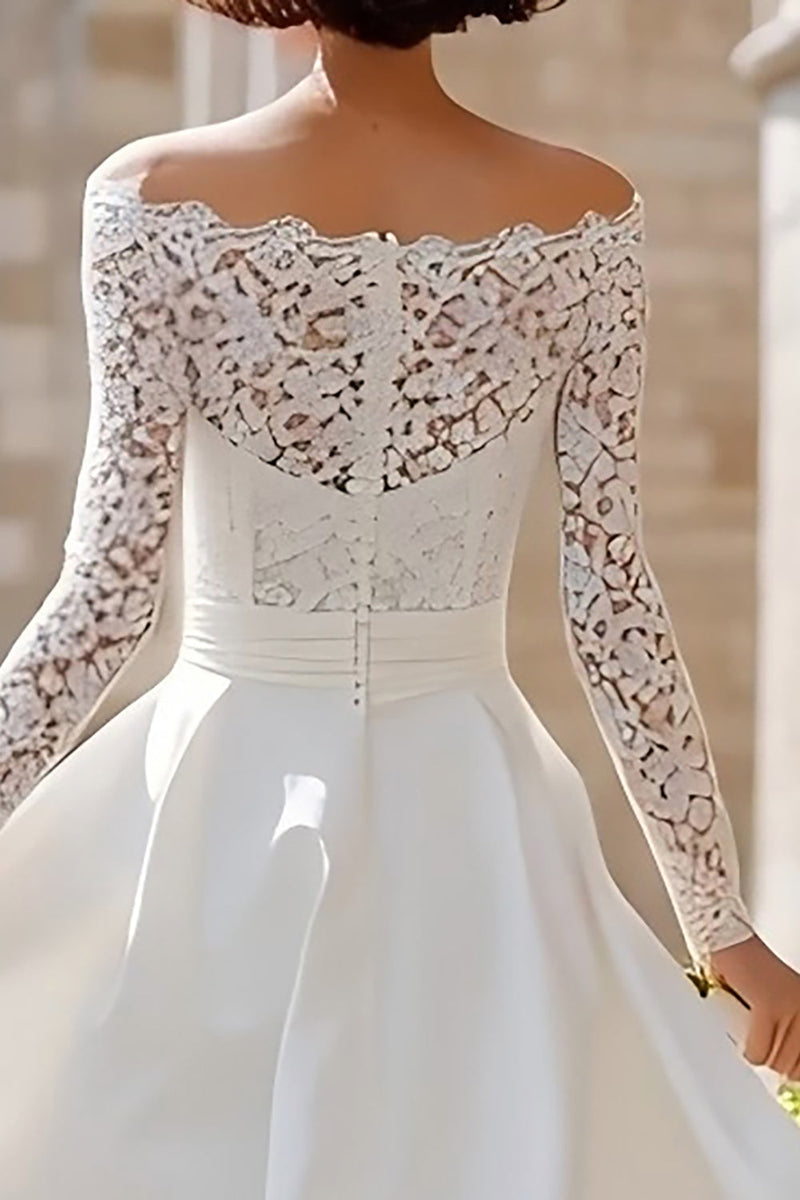 Load image into Gallery viewer, Ivory High Low Off the Shoulder Boho Wedding Dress with Lace