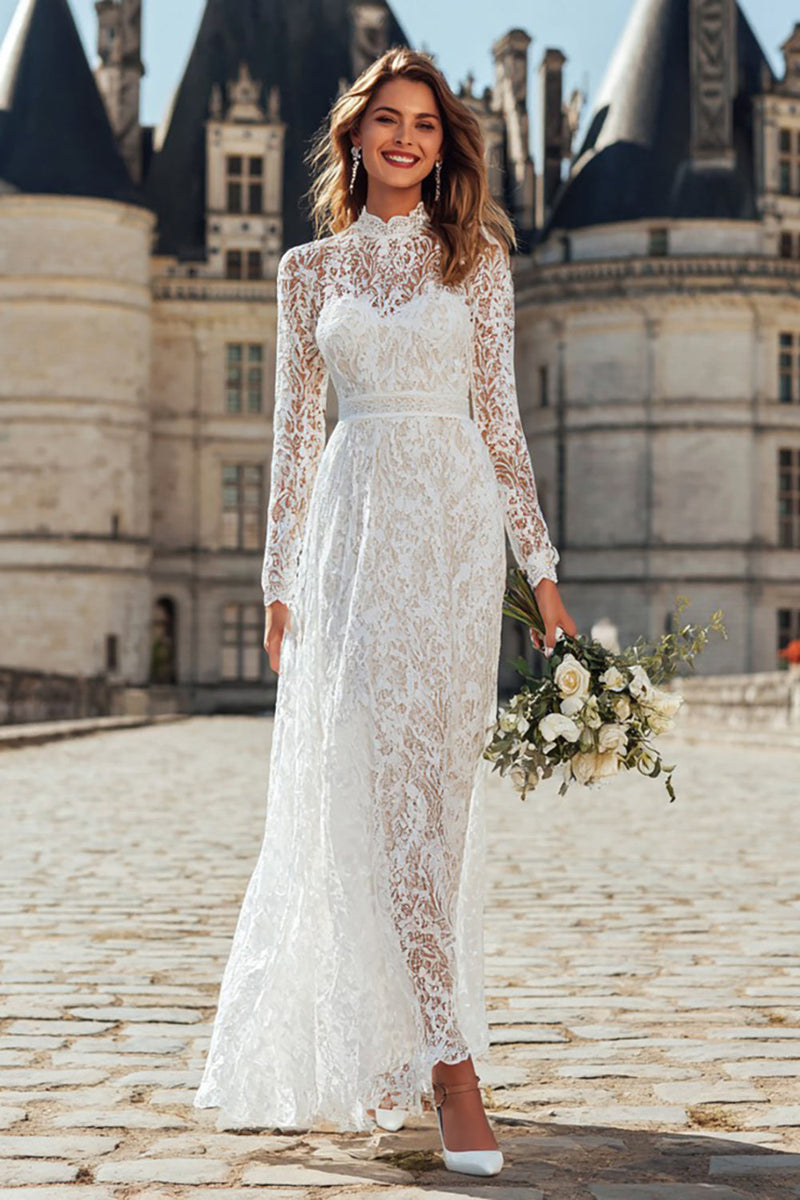 Load image into Gallery viewer, Ivory Lace Floor Length High Neck Wedding Dress with Sleeves
