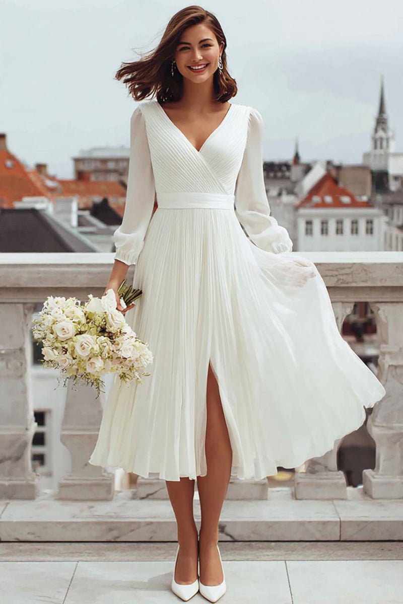 long white engagement dresses Queendancer Women Ivory Midi Engagement Dress with Slit Chiffon V-Neck  Pleated A Line Rehearsal Dinner Dress with Sleeves – queendanceruk