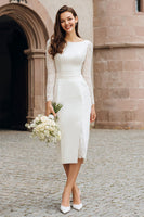 Load image into Gallery viewer, Ivory Boat Neck Bodycon Midi Wedding Reception Dress with Lace