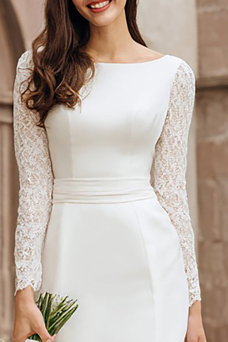 Load image into Gallery viewer, Ivory Boat Neck Bodycon Midi Wedding Reception Dress with Lace