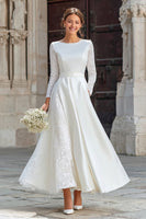 Load image into Gallery viewer, Queendancer UK Women Ivory Long Sleeves Engagement Dress with Pockets Satin A Line Boat Neck Bridal Dress with Lace