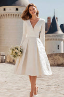 Load image into Gallery viewer, Simple Ivory V-Neck A Line Midi Engagement Dress with Sleeves